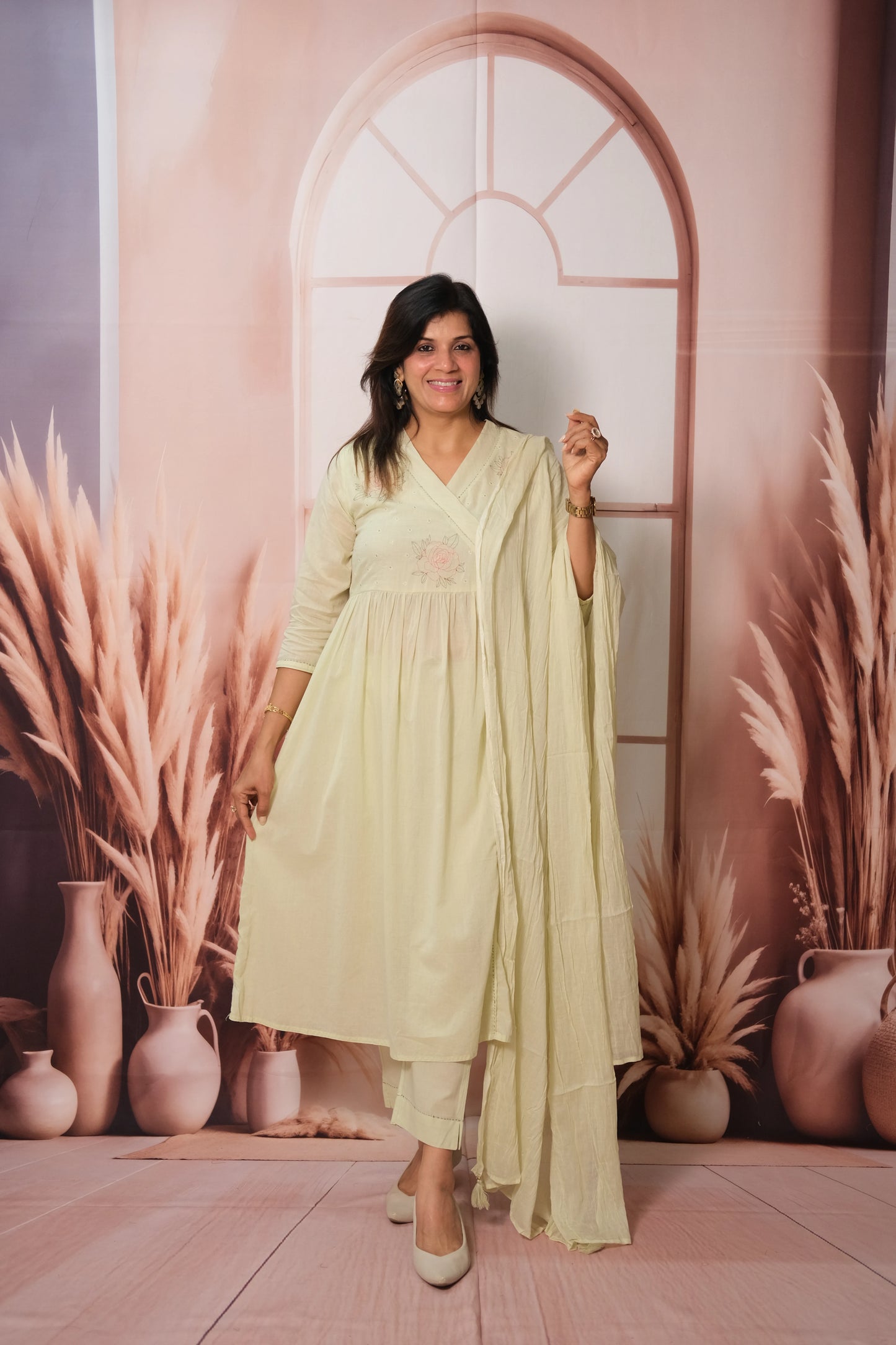 Light Pista Angrakha Dupatta Set – Embroidered Mul Cotton Festive Wear with Classic Charm