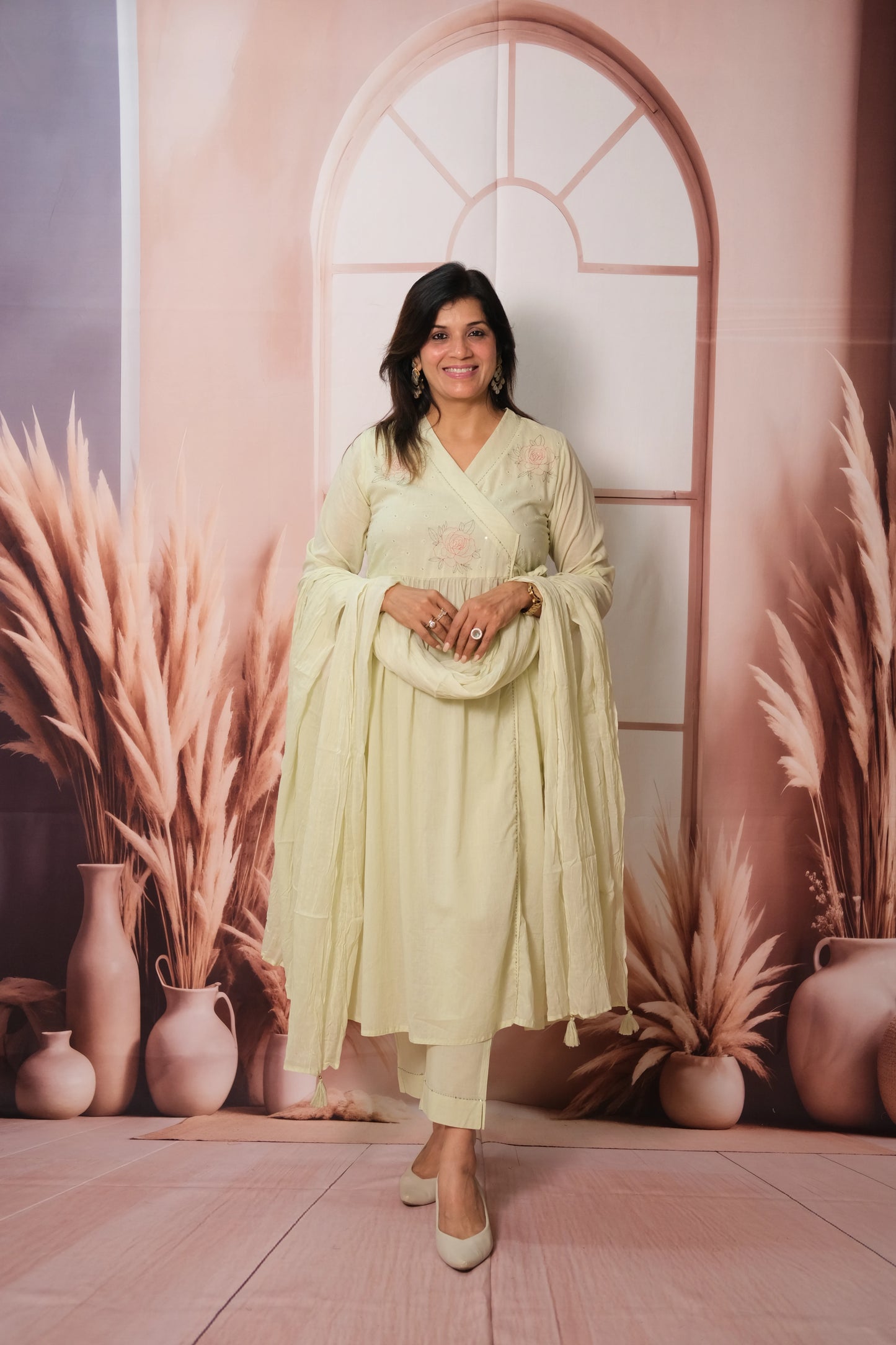 Light Pista Angrakha Dupatta Set – Embroidered Mul Cotton Festive Wear with Classic Charm