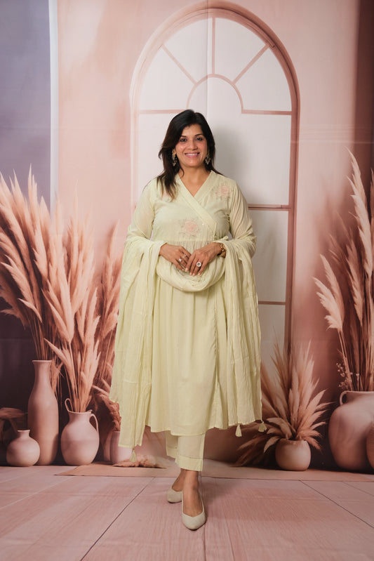 Light Pista Angrakha Dupatta Set – Embroidered Mul Cotton Festive Wear with Classic Charm