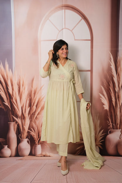 Light Pista Angrakha Dupatta Set – Embroidered Mul Cotton Festive Wear with Classic Charm