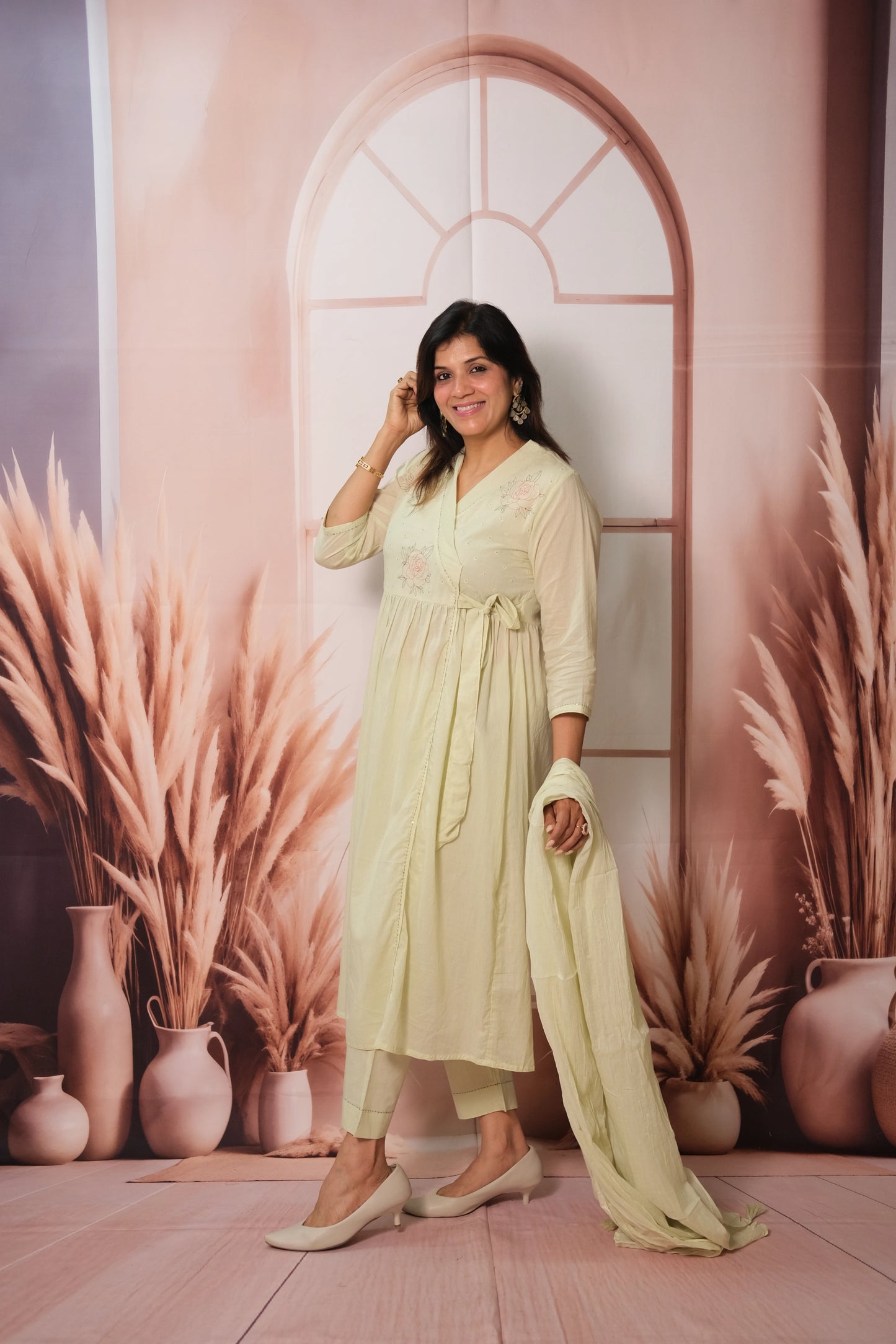 Light Pista Angrakha Dupatta Set – Embroidered Mul Cotton Festive Wear with Classic Charm