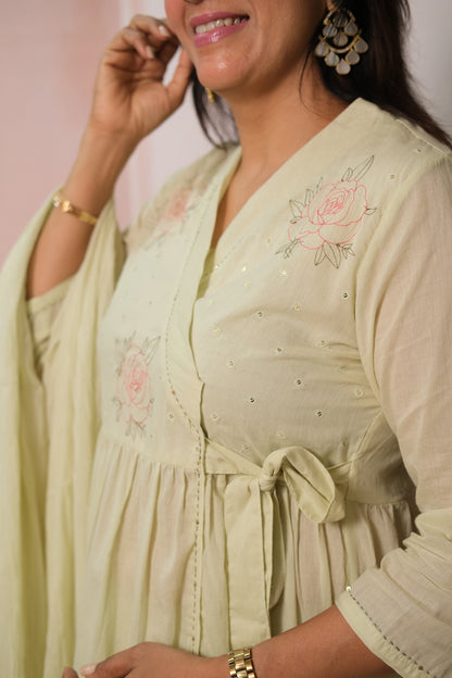 Light Pista Angrakha Dupatta Set – Embroidered Mul Cotton Festive Wear with Classic Charm