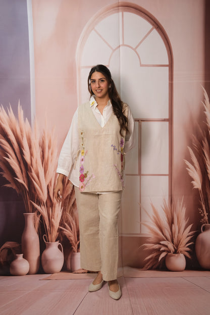 White & Beige Co-ord Set – Embroidered Cotton & Jute Dress with Apron Layer
