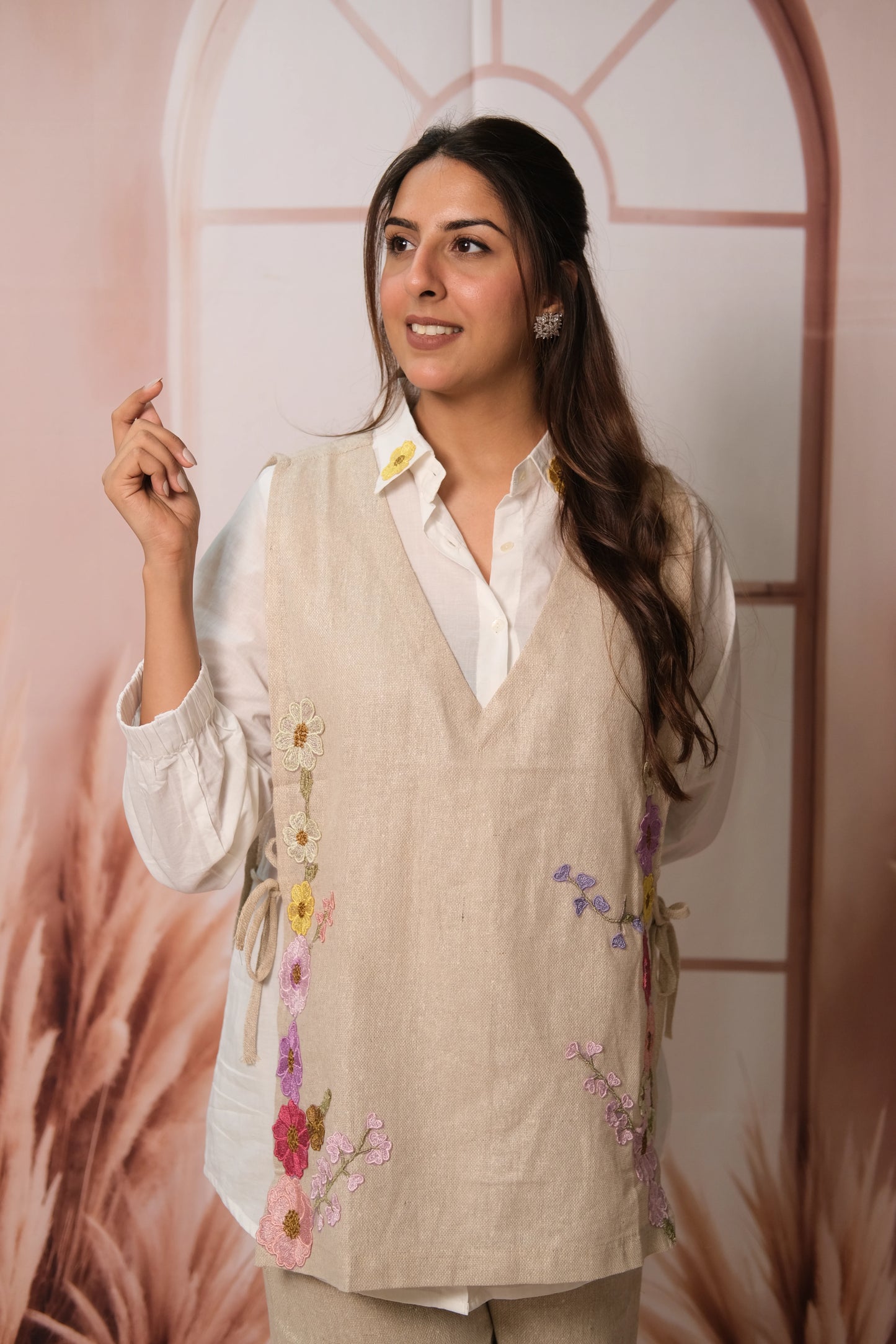 White & Beige Co-ord Set – Embroidered Cotton & Jute Dress with Apron Layer