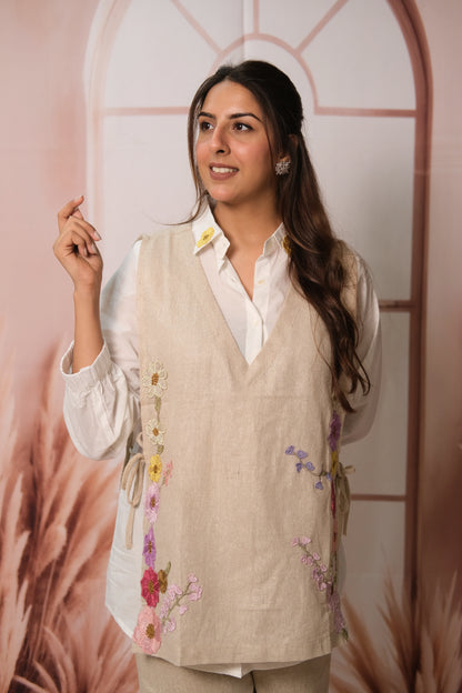 White & Beige Co-ord Set – Embroidered Cotton & Jute Dress with Apron Layer