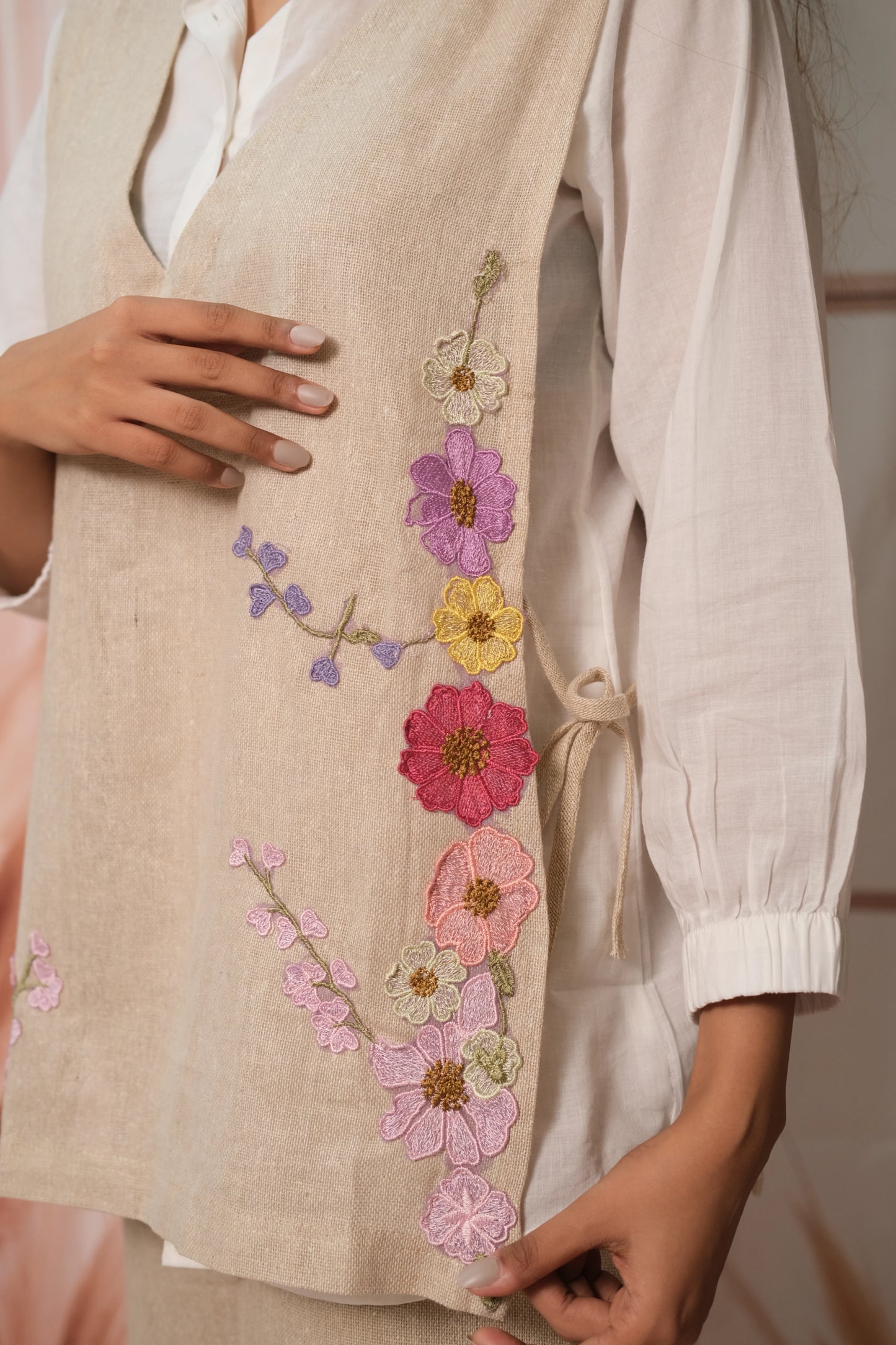 White & Beige Co-ord Set – Embroidered Cotton & Jute Dress with Apron Layer