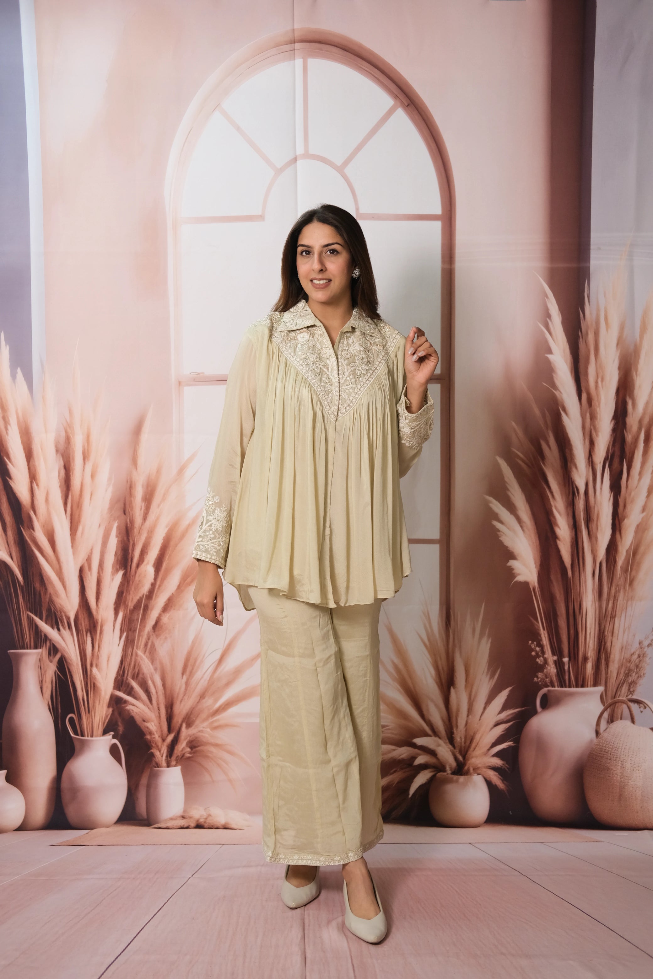 Beige Co-ord Set – Embroidered Chinon Festive Wear for Modern Elegance