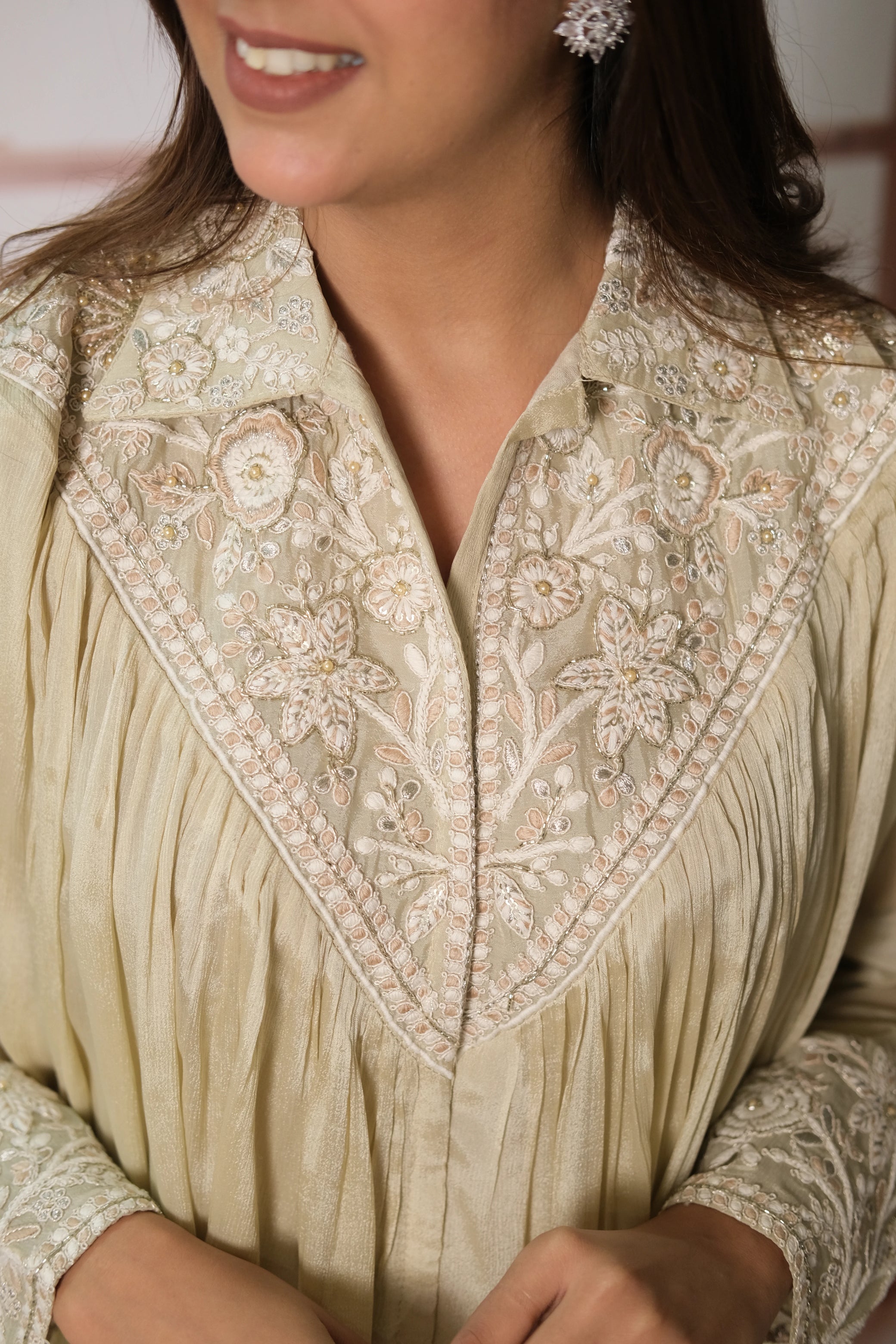 Beige Co-ord Set – Embroidered Chinon Festive Wear for Modern Elegance