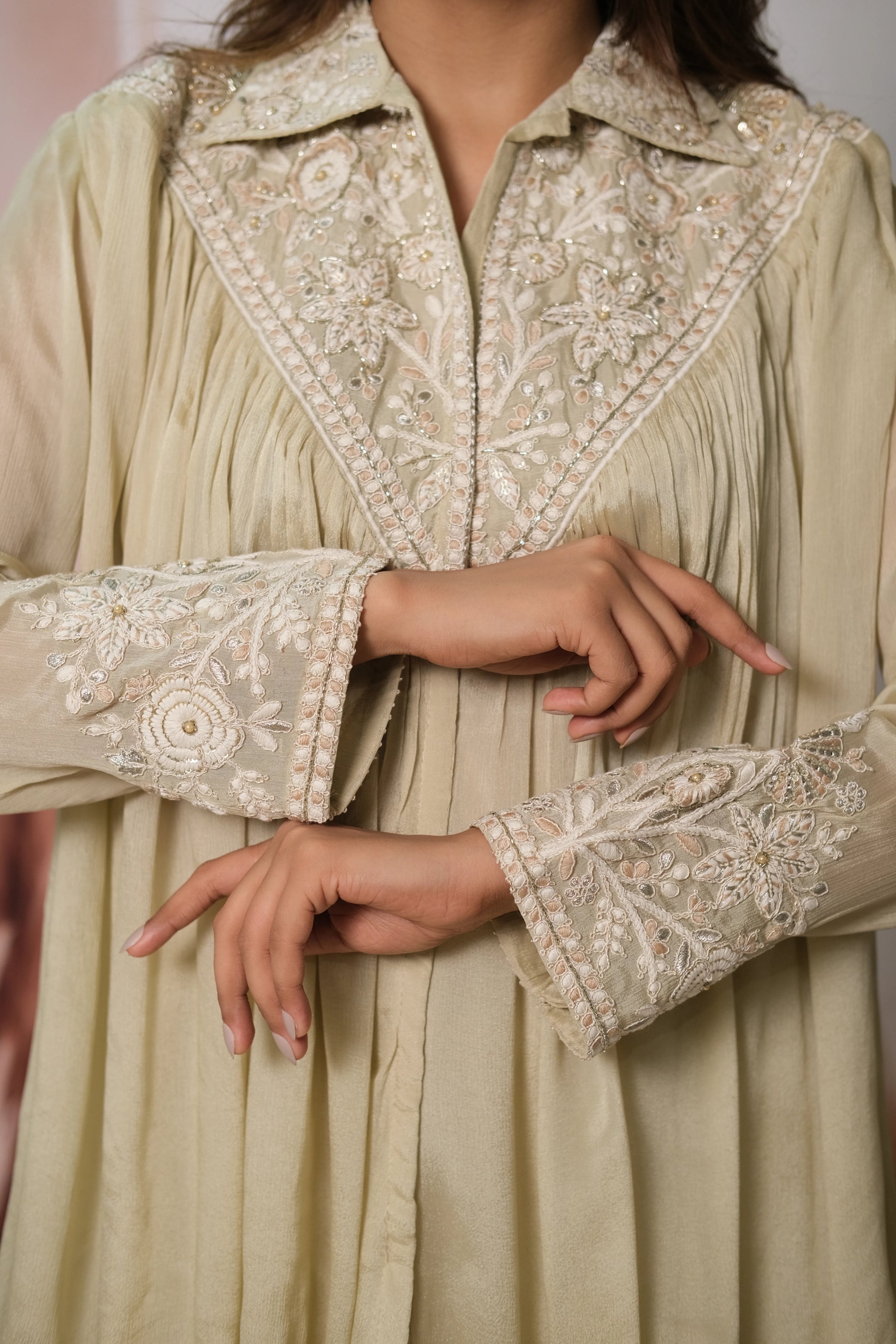 Beige Co-ord Set – Embroidered Chinon Festive Wear for Modern Elegance