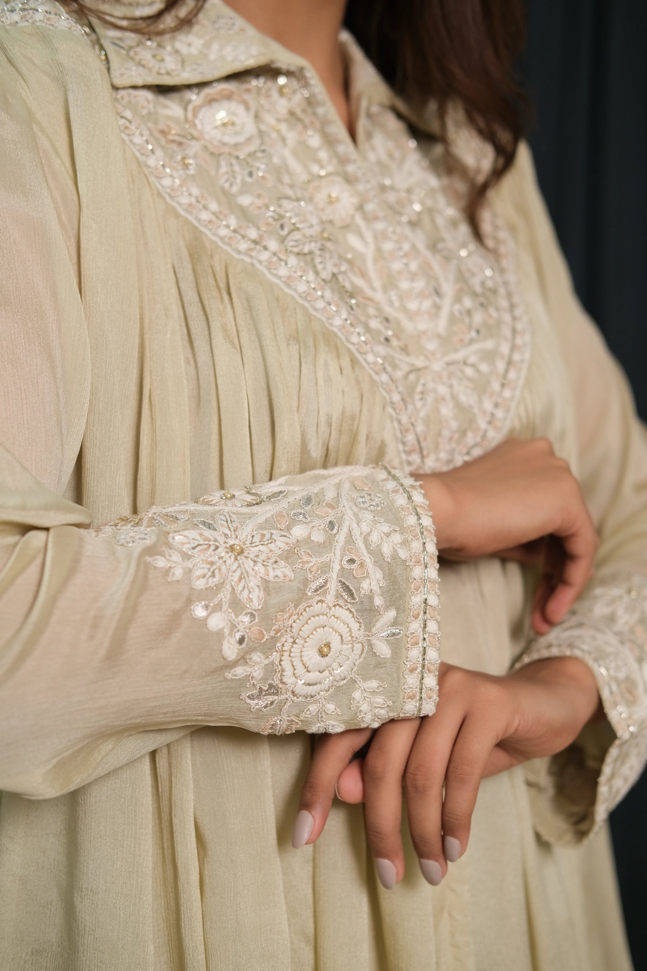 Beige Co-ord Set – Embroidered Chinon Festive Wear for Modern Elegance
