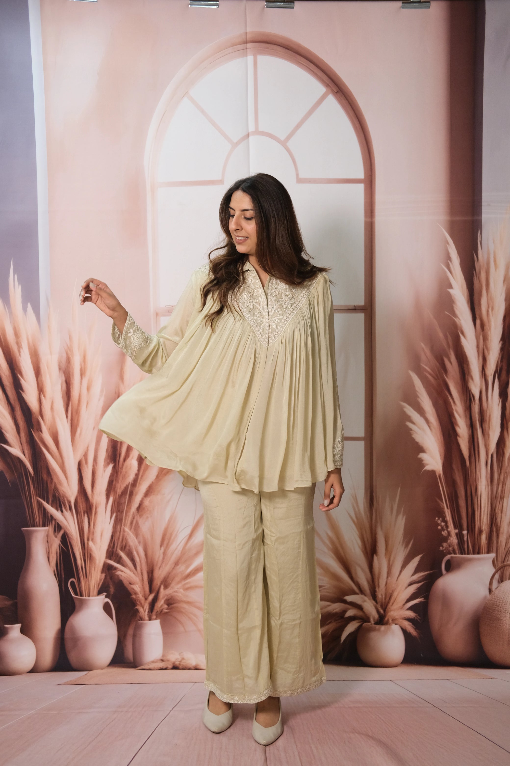 Beige Co-ord Set – Embroidered Chinon Festive Wear for Modern Elegance