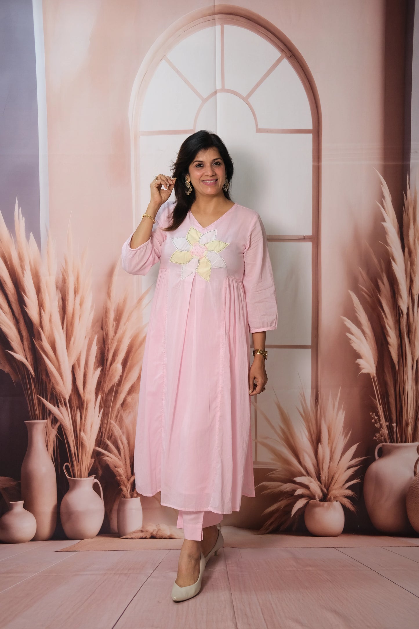 Baby Pink Kurta Pant Set – Embroidered Mul Cotton Festive Wear for Graceful Elegance