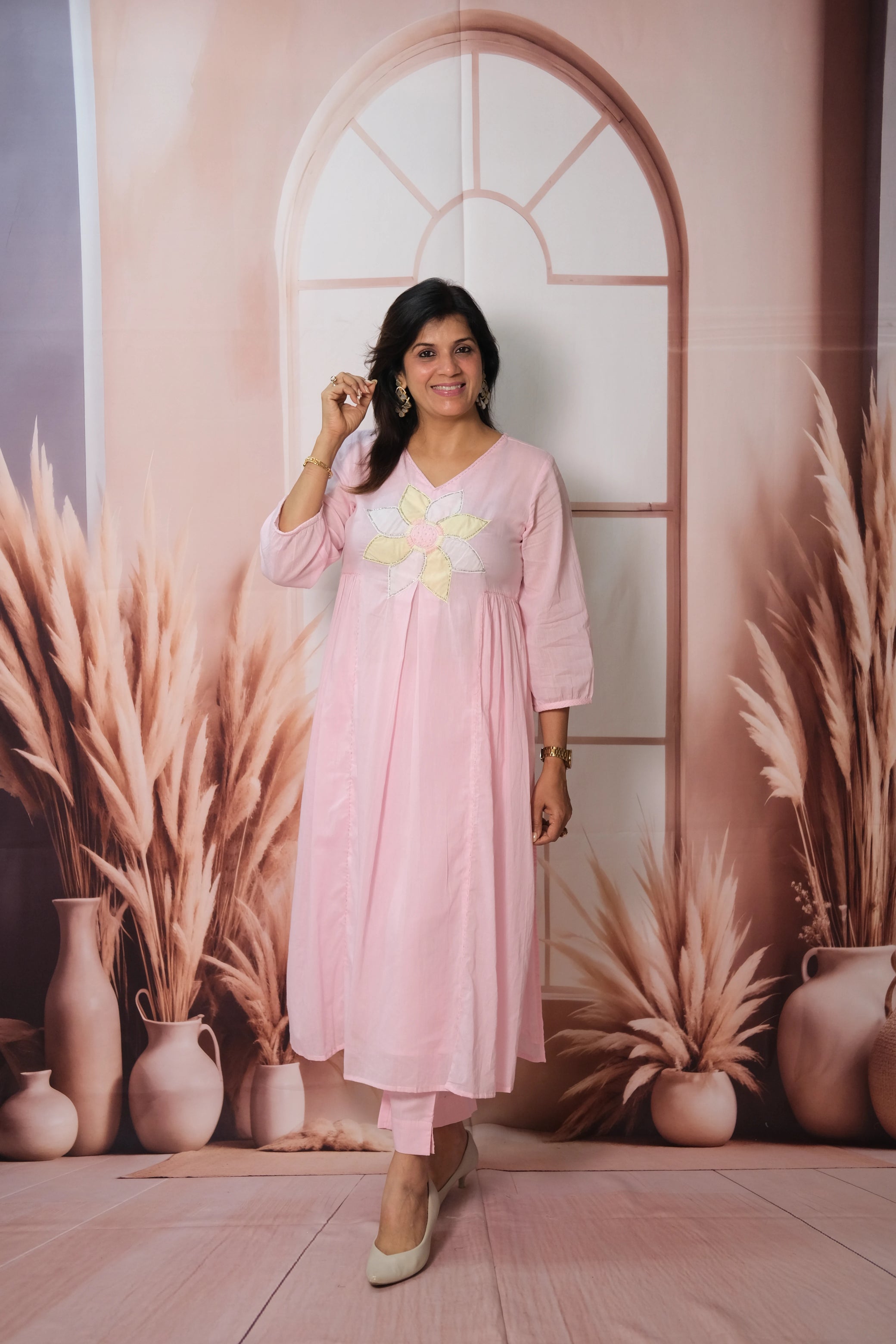 Baby Pink Kurta Pant Set – Embroidered Mul Cotton Festive Wear for Graceful Elegance
