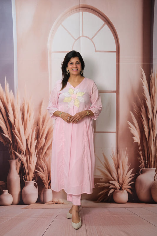 Baby Pink Kurta Pant Set – Embroidered Mul Cotton Festive Wear for Graceful Elegance