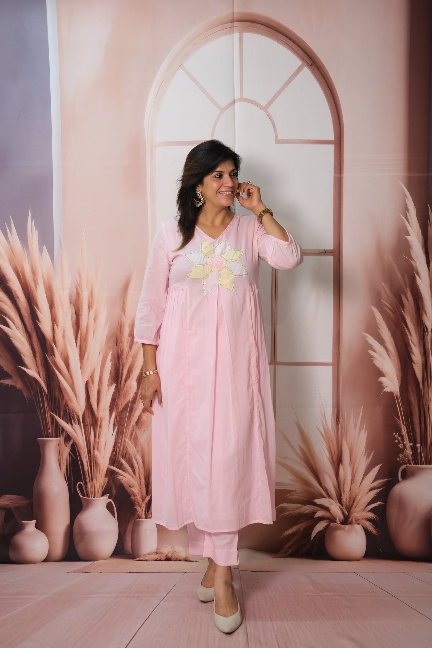Baby Pink Kurta Pant Set – Embroidered Mul Cotton Festive Wear for Graceful Elegance