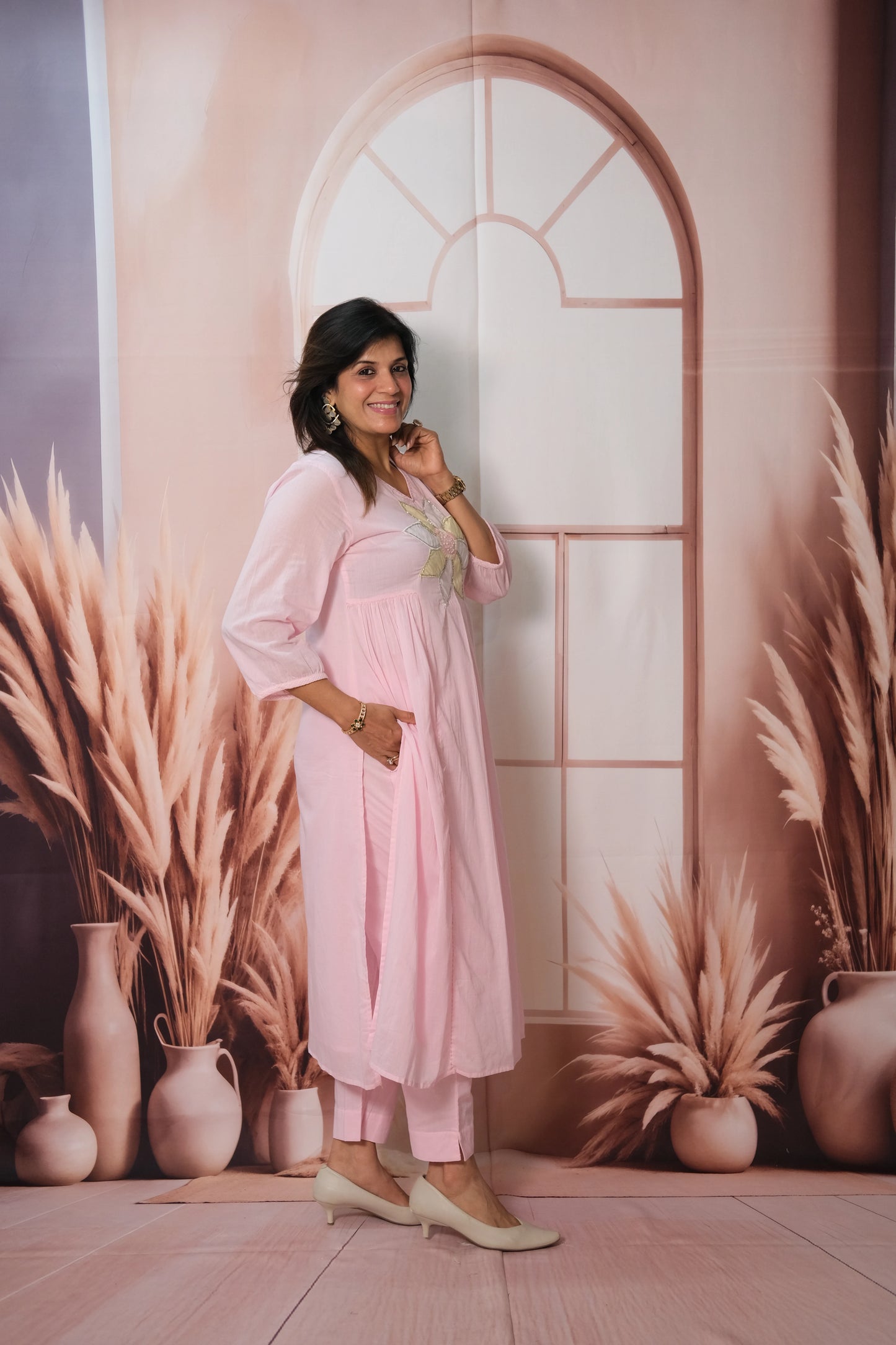 Baby Pink Kurta Pant Set – Embroidered Mul Cotton Festive Wear for Graceful Elegance