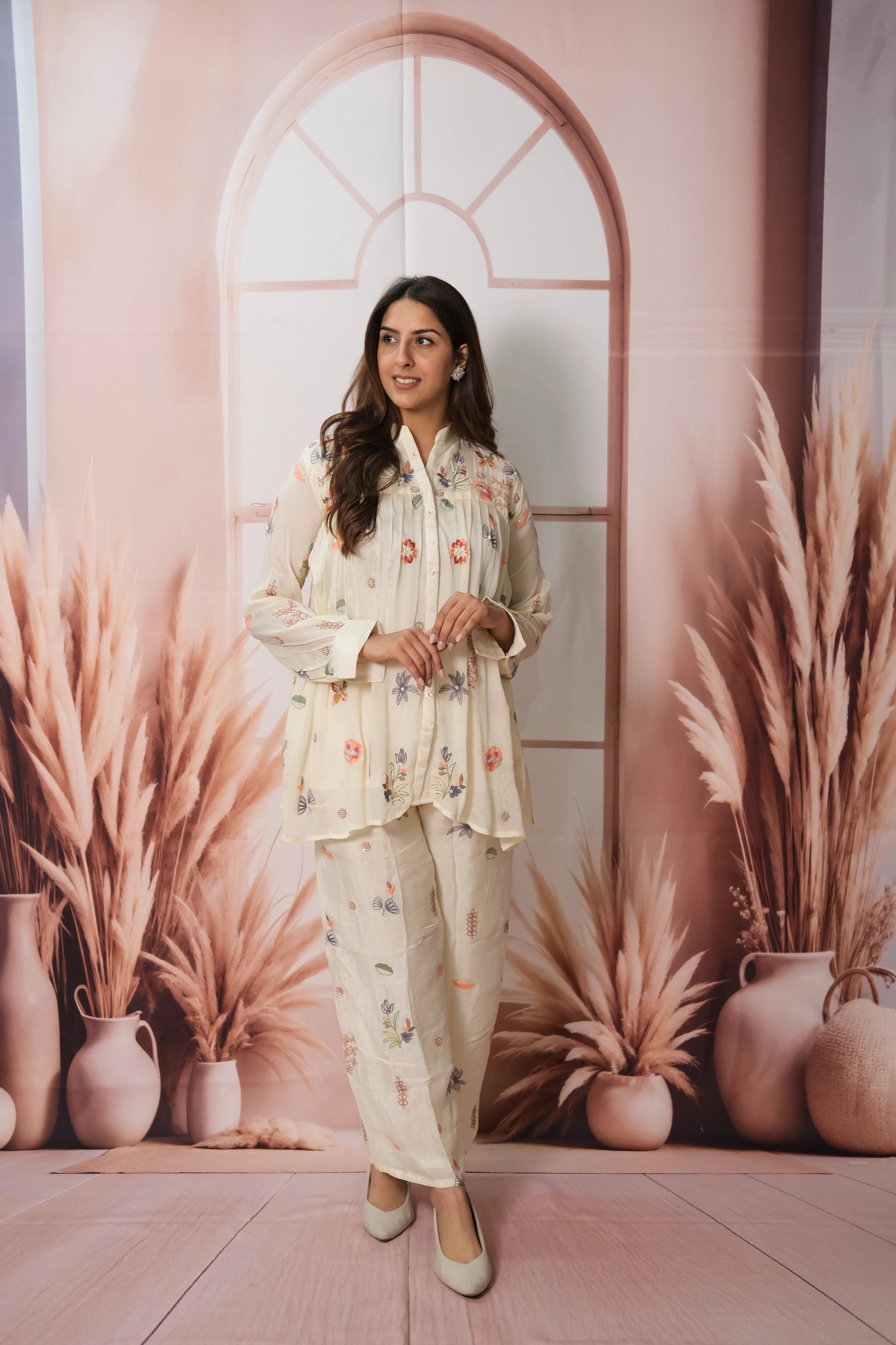 Cream Co-ord Set – Embroidered Chinon Festive Wear for Effortless Sophistication
