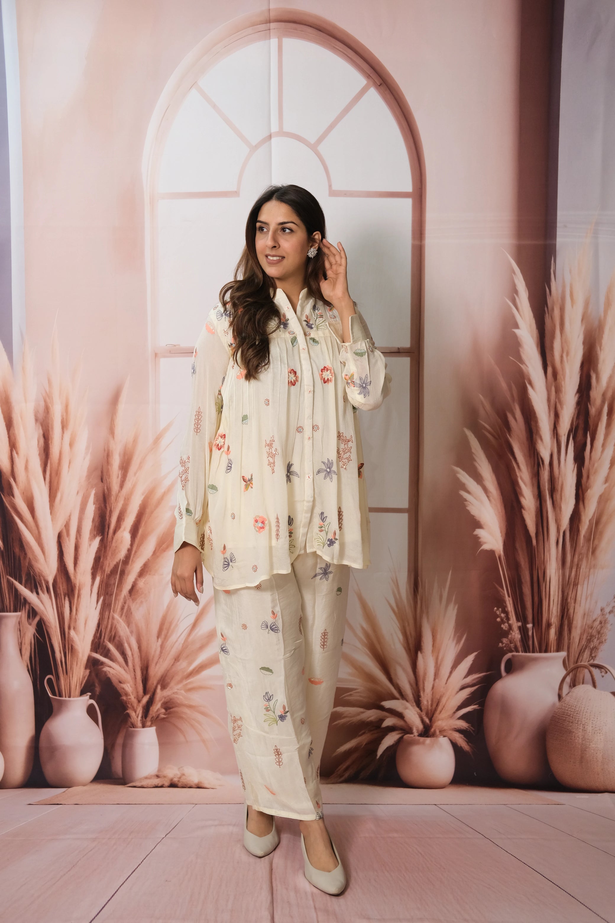 Cream Co-ord Set – Embroidered Chinon Festive Wear for Effortless Sophistication