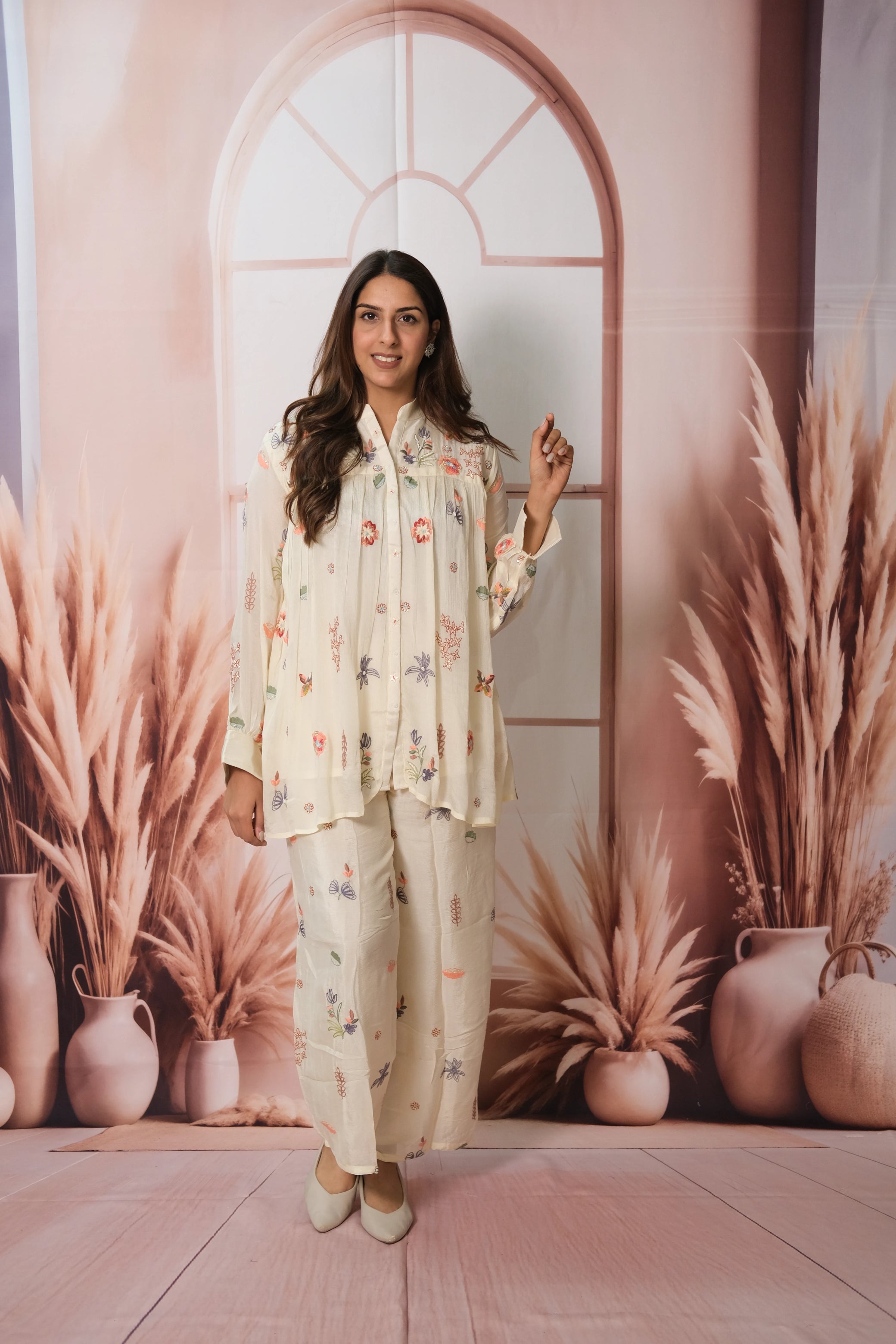 Cream Co-ord Set – Embroidered Chinon Festive Wear for Effortless Sophistication