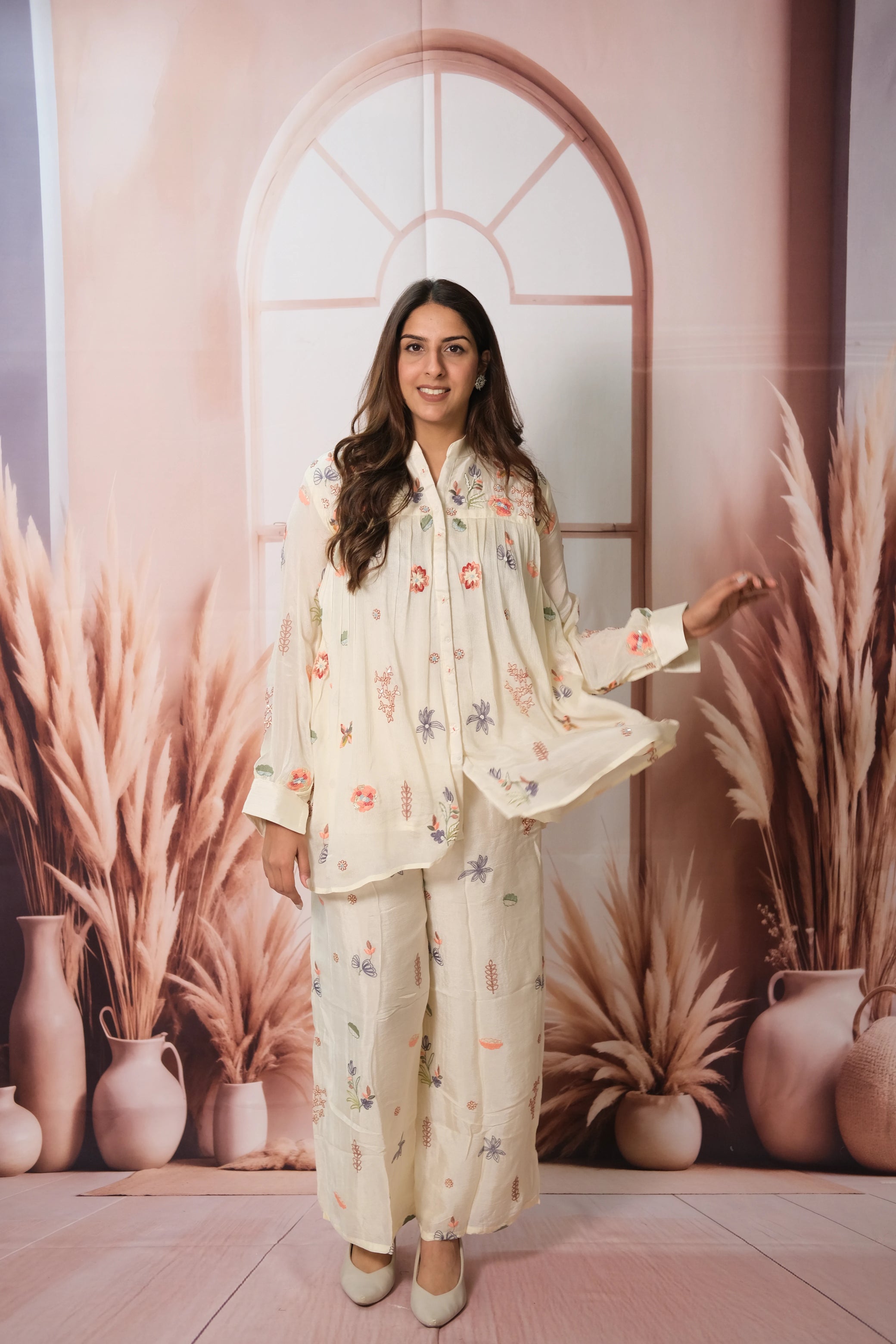 Cream Co-ord Set – Embroidered Chinon Festive Wear for Effortless Sophistication