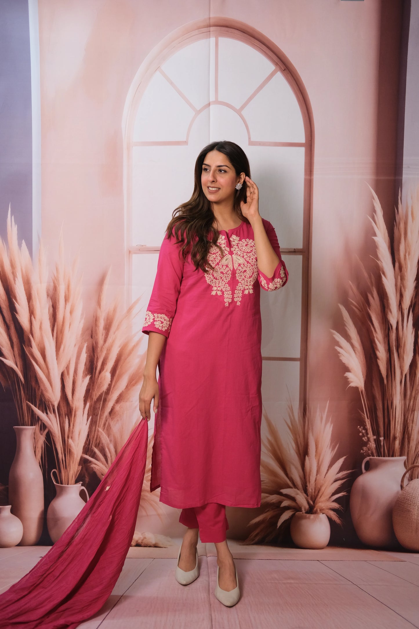 Magenta Pink Dupatta Set – Embroidered Mul Cotton Festive Wear for Bold Elegance
