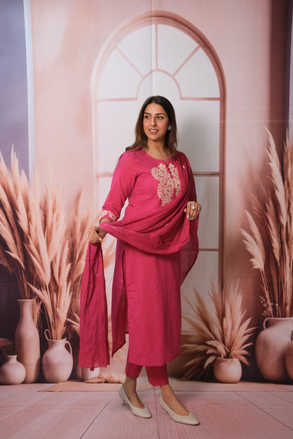 Magenta Pink Dupatta Set – Embroidered Mul Cotton Festive Wear for Bold Elegance