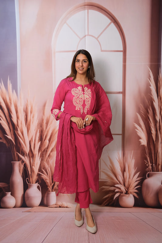 Magenta Pink Dupatta Set – Embroidered Mul Cotton Festive Wear for Bold Elegance