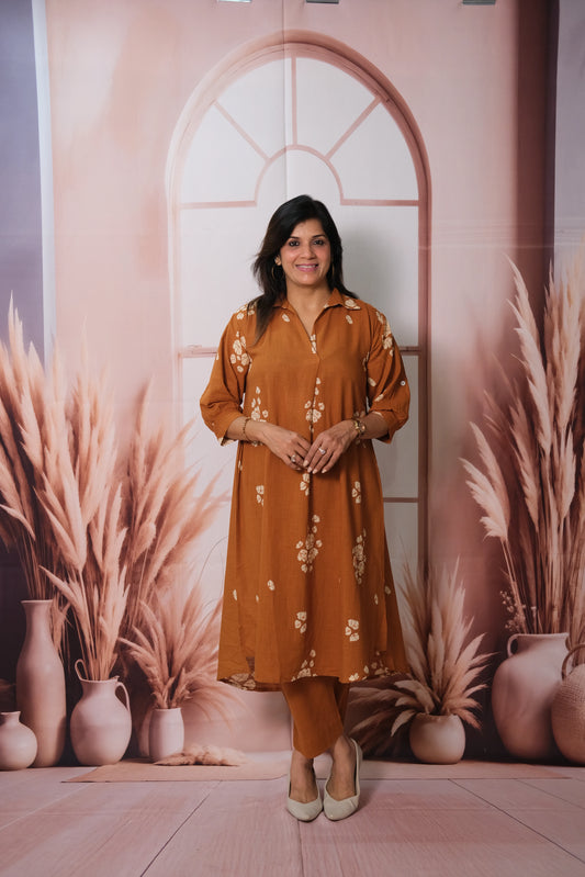 Rust Top Bottom Pair – Printed Khadi Cotton Festive Wear for Effortless Grace