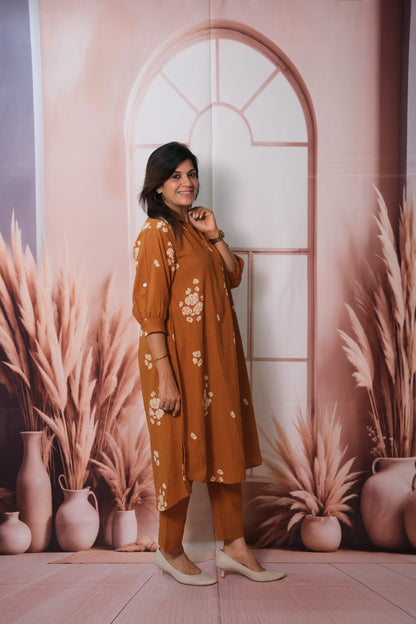 Rust Top Bottom Pair – Printed Khadi Cotton Festive Wear for Effortless Grace