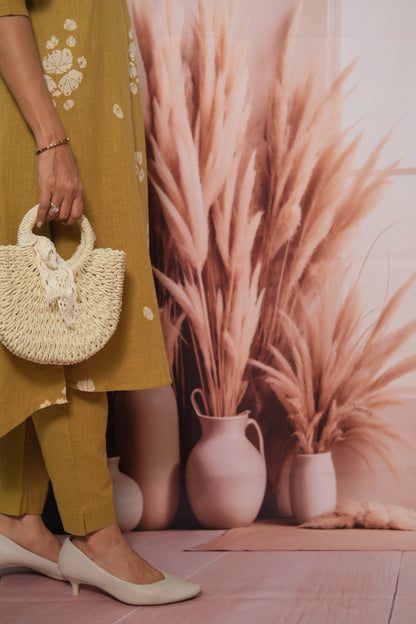 Fawn Yellow Top Bottom Pair – Printed Khadi Cotton Festive Wear for Effortless Grace