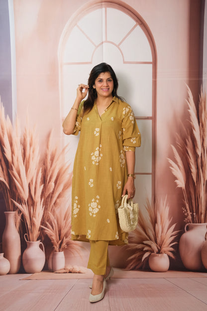Fawn Yellow Top Bottom Pair – Printed Khadi Cotton Festive Wear for Effortless Grace