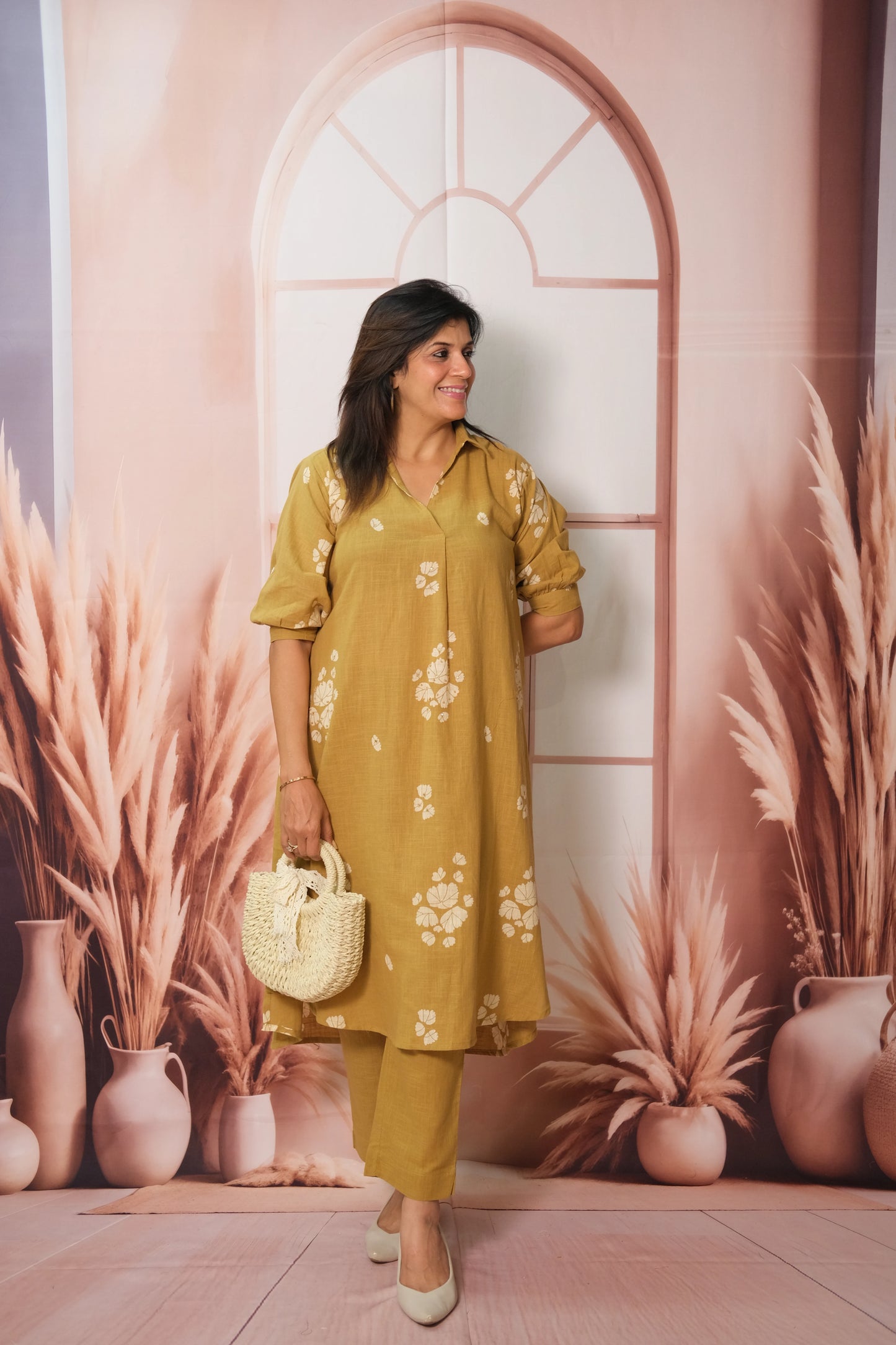 Fawn Yellow Top Bottom Pair – Printed Khadi Cotton Festive Wear for Effortless Grace