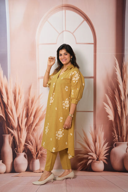 Fawn Yellow Top Bottom Pair – Printed Khadi Cotton Festive Wear for Effortless Grace