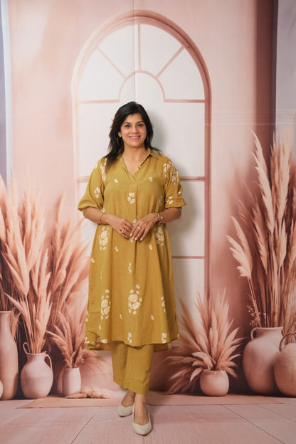 Fawn Yellow Top Bottom Pair – Printed Khadi Cotton Festive Wear for Effortless Grace