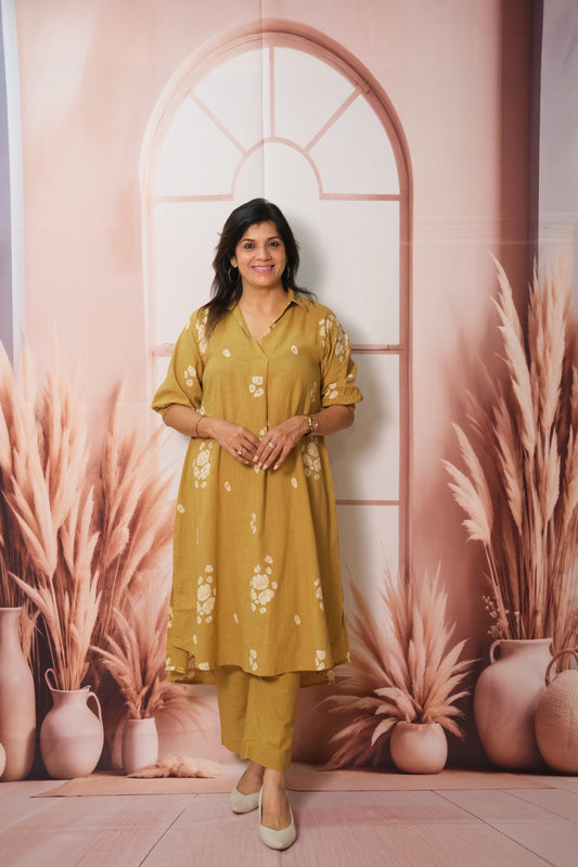 Fawn Yellow Top Bottom Pair – Printed Khadi Cotton Festive Wear for Effortless Grace