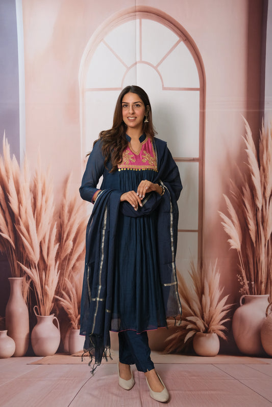 Turquoise Blue Dupatta Set – Embroidered Mul Chanderi Festive Wear for Elegant Celebrations