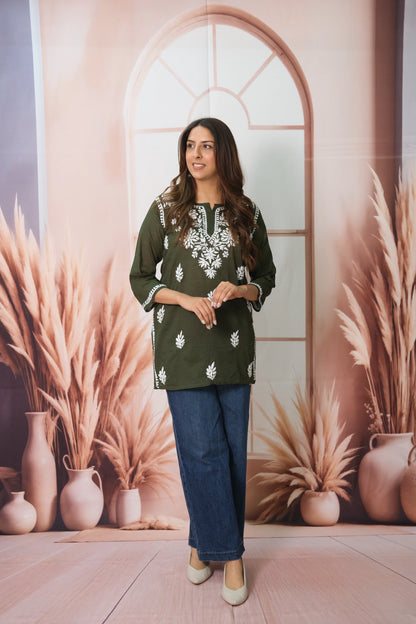 Dark Green Short Top – Mul Cotton Festive Wear with Lucknowi Work
