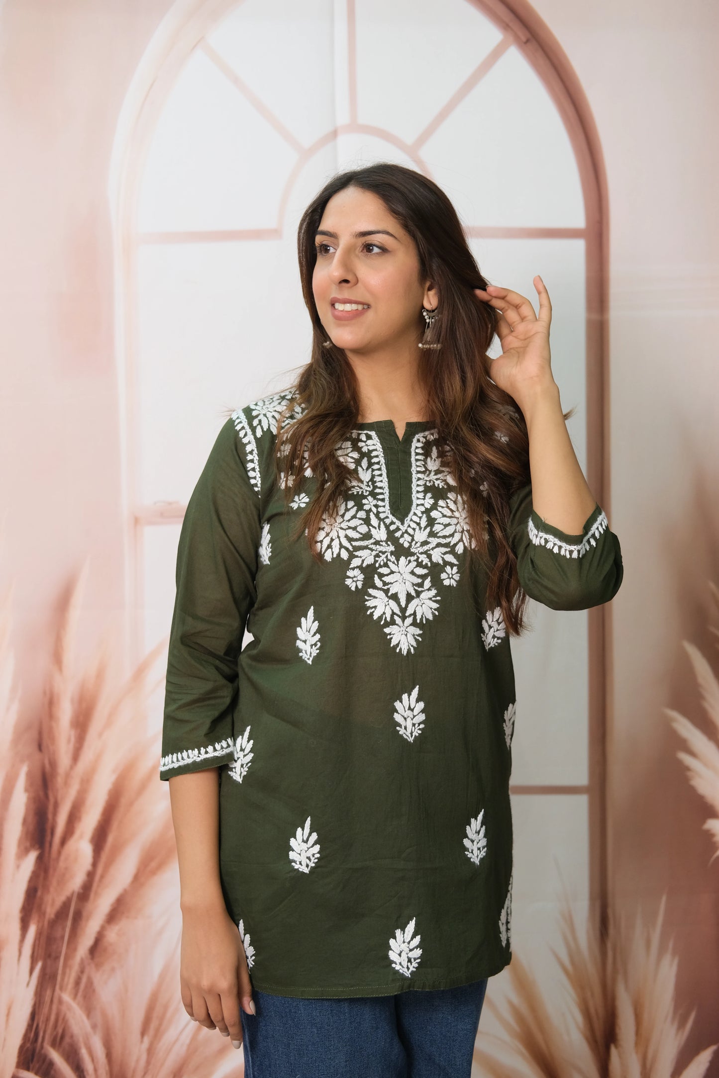Dark Green Short Top – Mul Cotton Festive Wear with Lucknowi Work