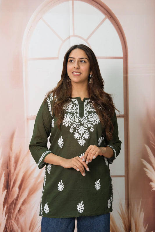 Dark Green Short Top – Mul Cotton Festive Wear with Lucknowi Work
