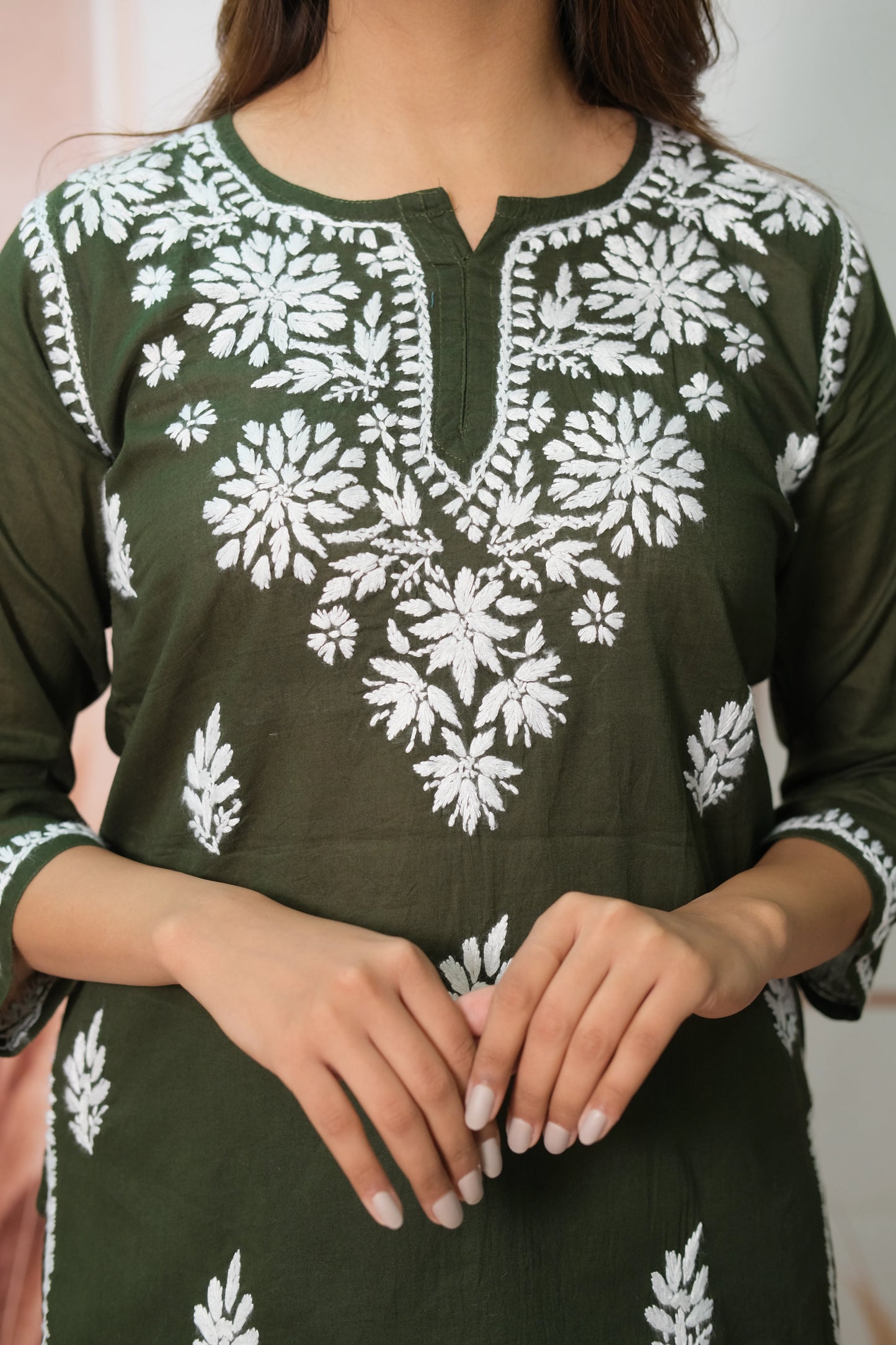 Dark Green Short Top – Mul Cotton Festive Wear with Lucknowi Work