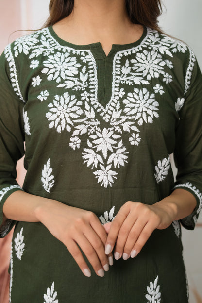 Dark Green Short Top – Mul Cotton Festive Wear with Lucknowi Work