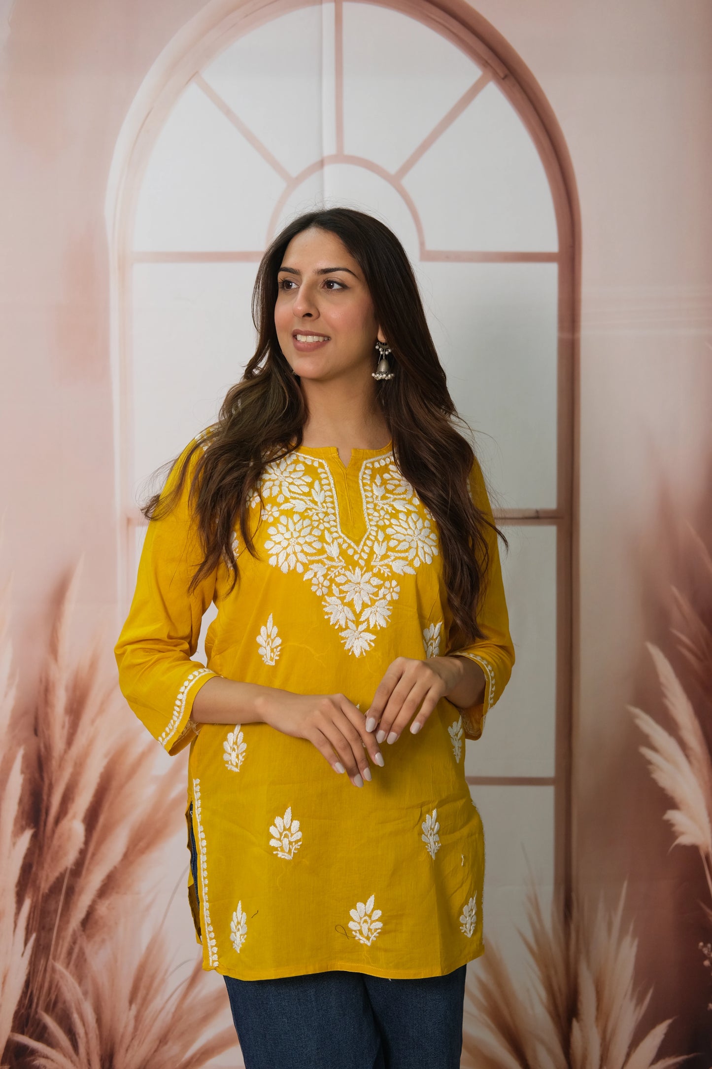 Mustard Yellow Short Top – Mul Cotton Festive Wear with Lucknowi Work