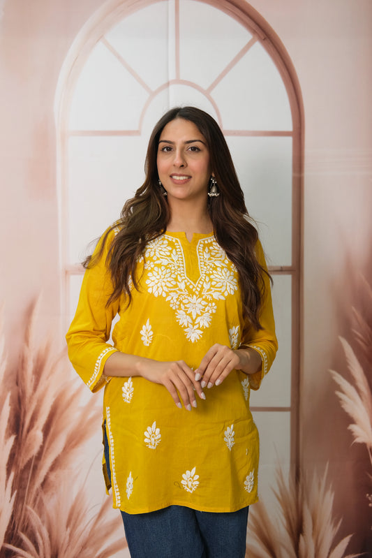 Mustard Yellow Short Top – Mul Cotton Festive Wear with Lucknowi Work