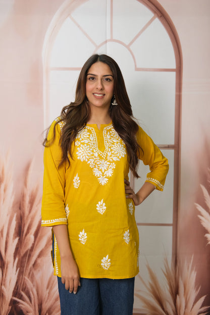 Mustard Yellow Short Top – Mul Cotton Festive Wear with Lucknowi Work