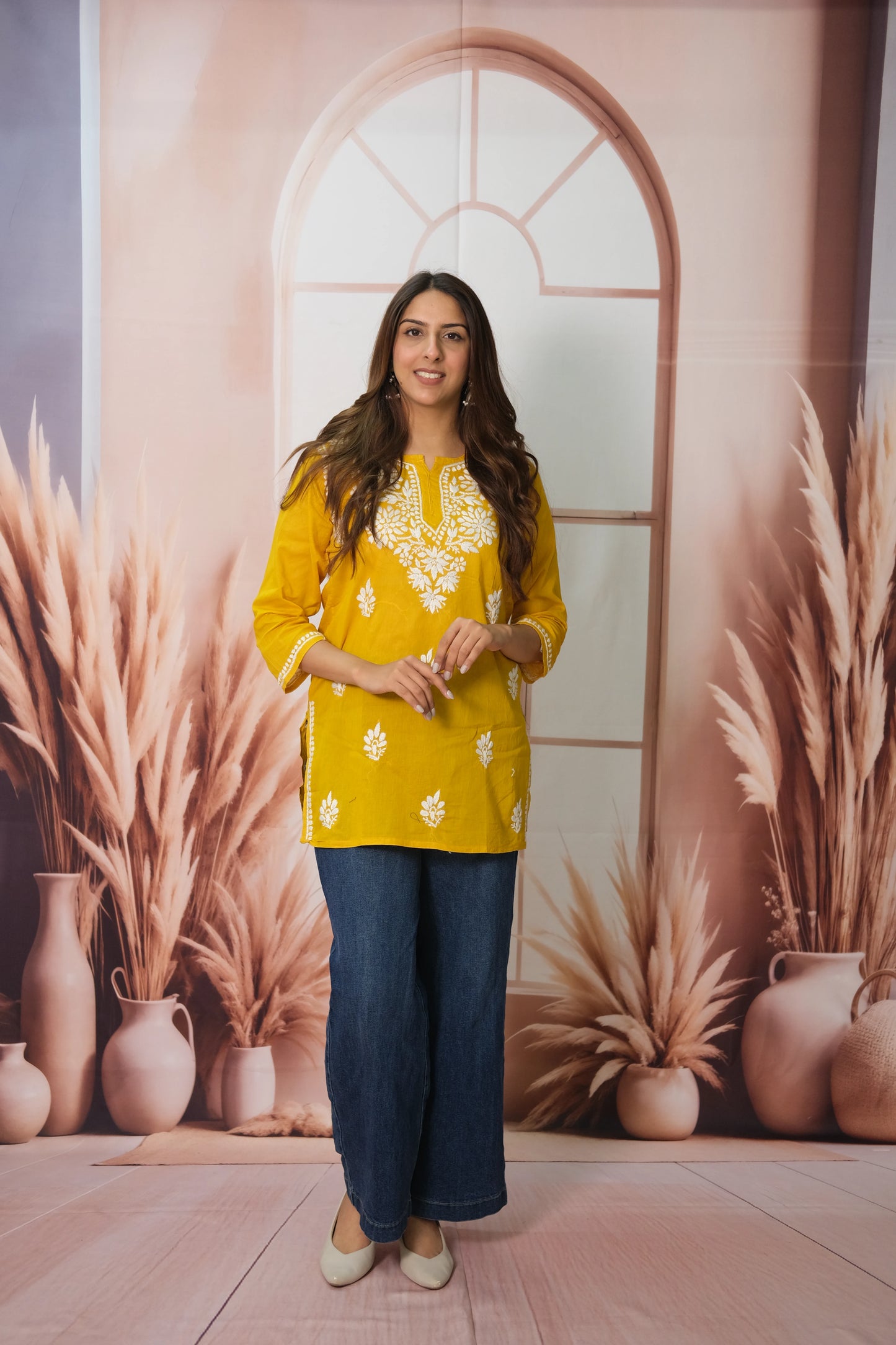 Mustard Yellow Short Top – Mul Cotton Festive Wear with Lucknowi Work