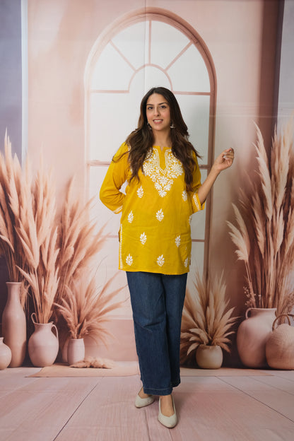 Mustard Yellow Short Top – Mul Cotton Festive Wear with Lucknowi Work