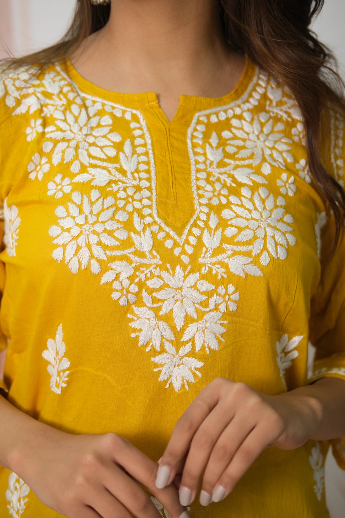 Mustard Yellow Short Top – Mul Cotton Festive Wear with Lucknowi Work