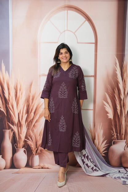 Dark Purple Dupatta Set in Soft Cotton with Embroidery & Printed Dupatta