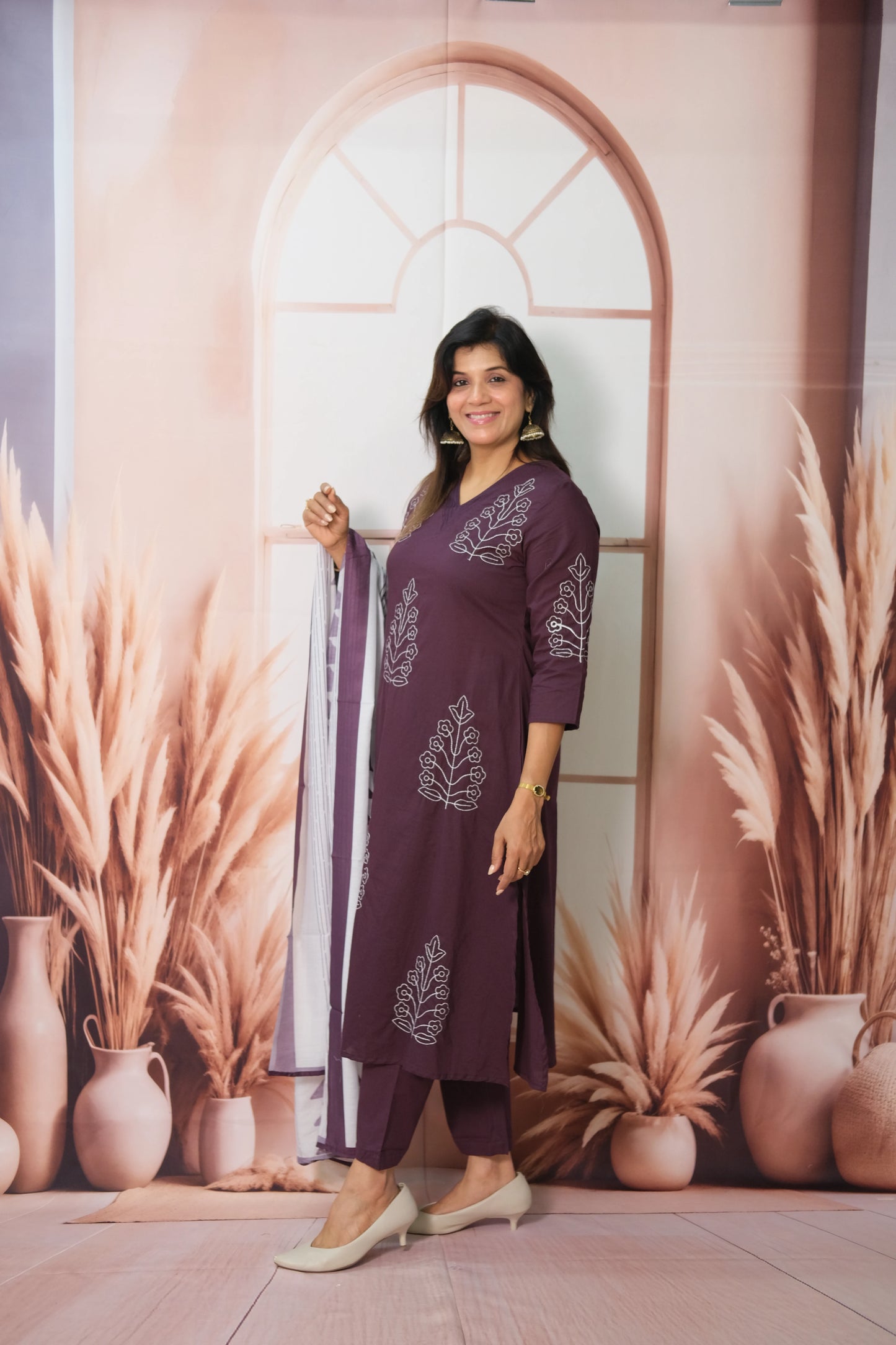 Dark Purple Dupatta Set in Soft Cotton with Embroidery & Printed Dupatta