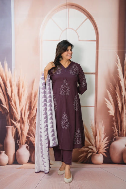 Dark Purple Dupatta Set in Soft Cotton with Embroidery & Printed Dupatta